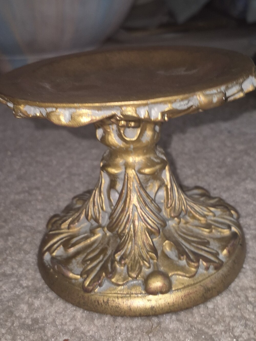 Vintage Ornate Gold Acanthus Leaf Pillar Candle Holder Pedestal  4x5x4 Inches